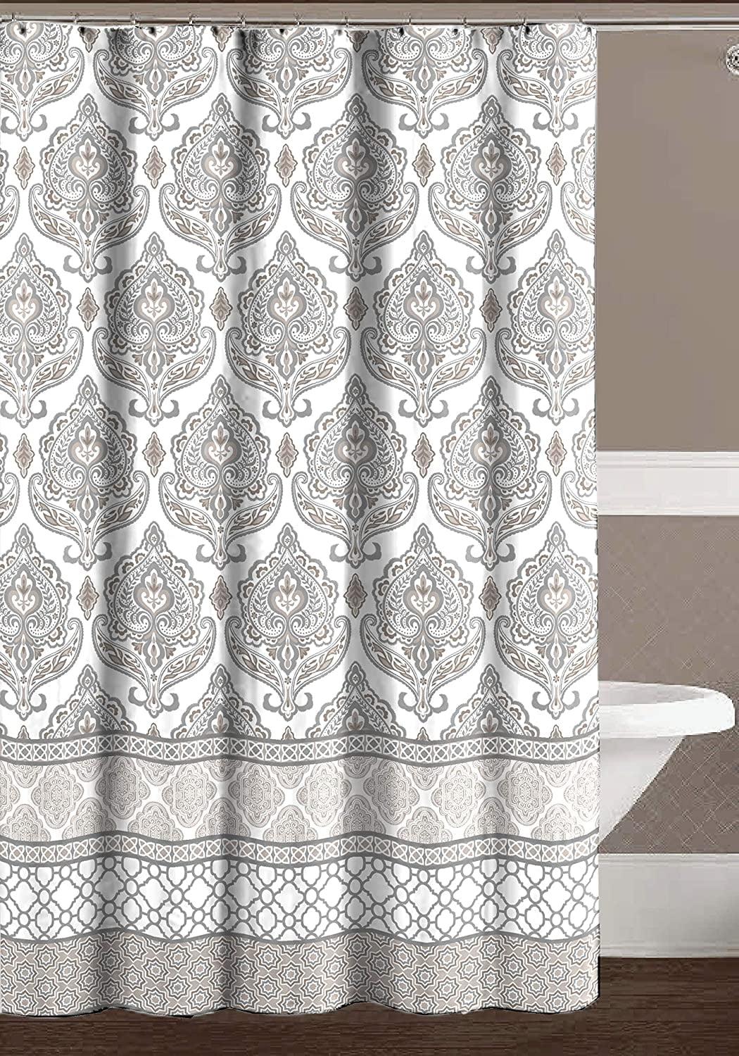 Gray Taupe White Fabric Shower Curtain with Damask and Geometric Design