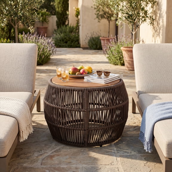 Grey,Teak Round Acacia Wood Side Table with Grey Rope Frame, Teak Finish Top, 150 Lbs Capacity, No Assembly Required, Weather-Resistant Accent Table
