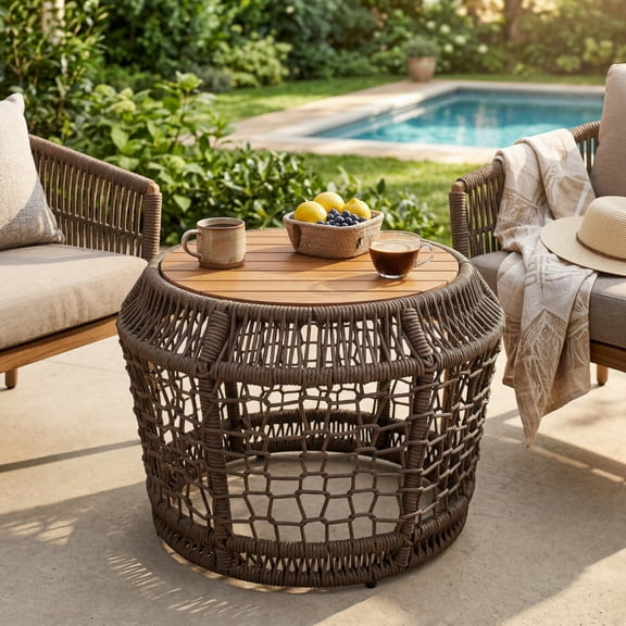 Grey,Teak Round Acacia Wood Side Table with Grey Woven Rope Frame, Teak Finish Top, 150 Lbs Capacity, No Assembly Required, Weather-Resistant Accent