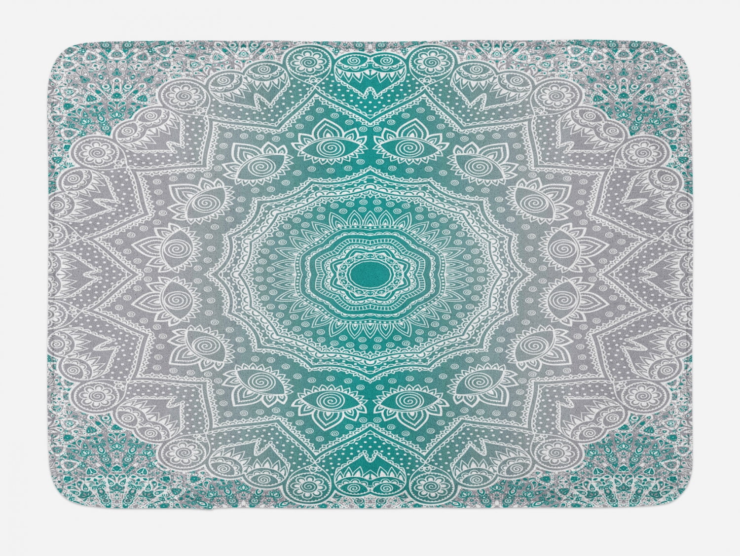 Teal and Gray Mandala High Pile Bath Rug with Rubber Backing
