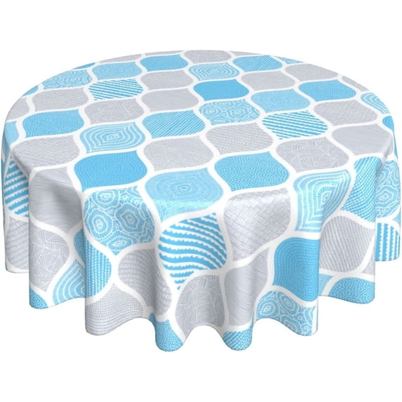 Grey Teal Round Tablecloth 60 Inch Ruitic Turquoise Blue Table Cloth Waterproof Fabric Farmhouse Modern Moroccan Checked Tablecloths Decorative for Holiday Party Wedding Picnic