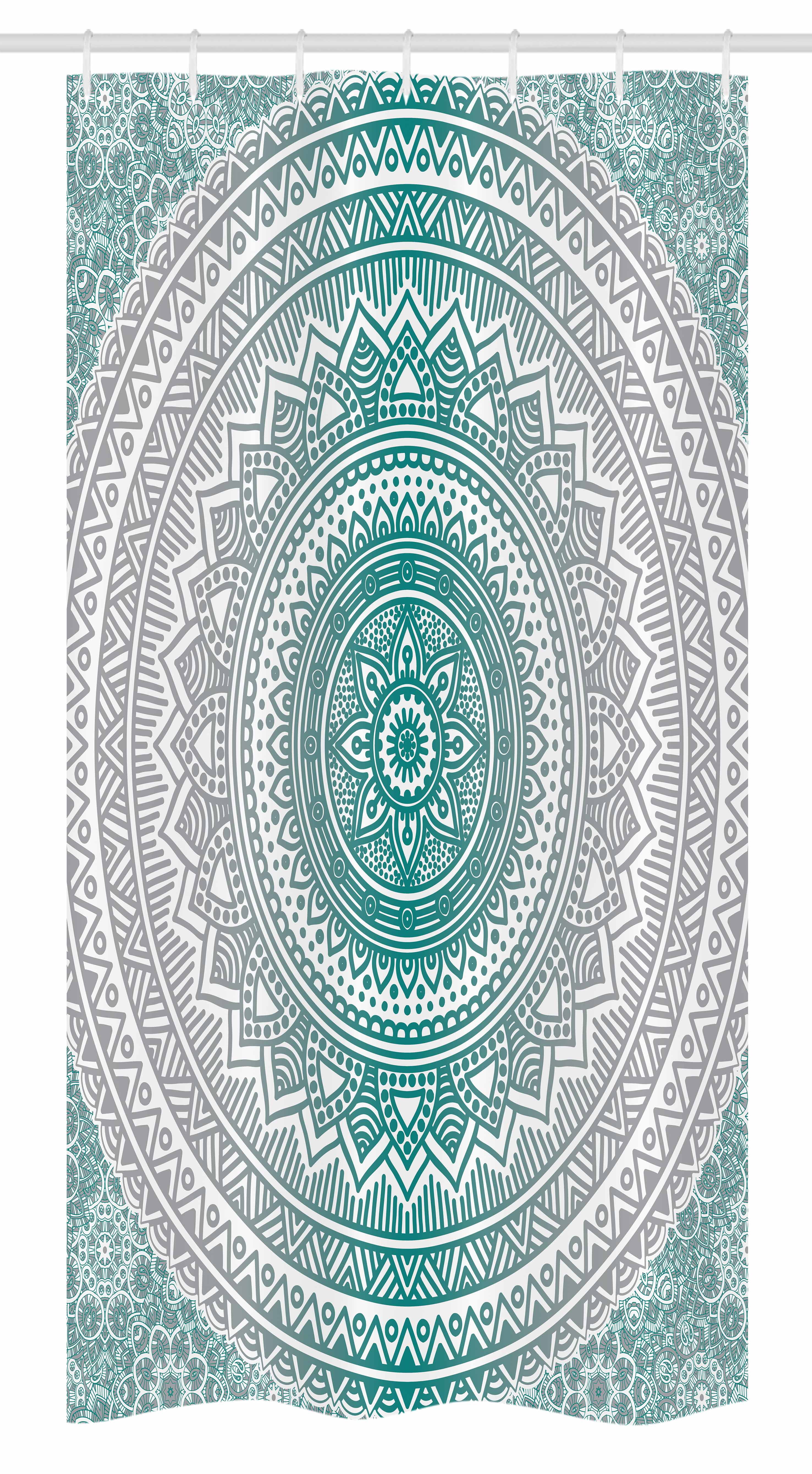 Turquoise and Gray Mandala Fabric Shower Curtain with Hooks