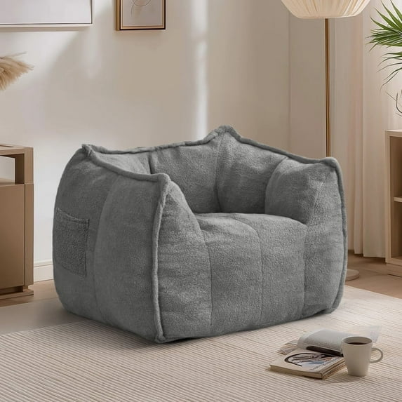 Grey Teddy Fleece Bean Bag Chair with Side Pockets Comfortable Lounge Seating for Living Room Bedroom Dorm
