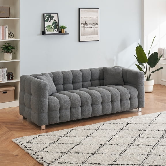 Grey Teddy Fleece Sofa 80 Inch Discharge in Living Room Bedroom with Two Throw Pillows Hardware Foot Support