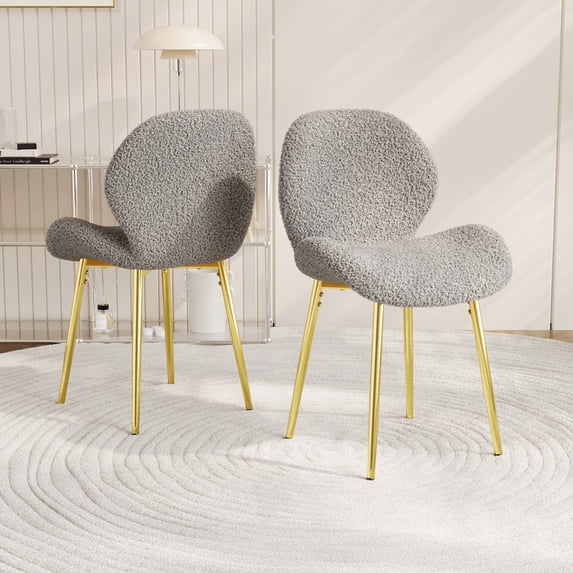 Grey Teddy Velvet Modern Minimalist Dining Chairs Set of 2 with Gold Metal Legs