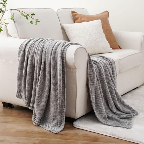 Grey Throw Blanket for Couch, Soft Warm Cozy Decorative Chenille Knit Grey Blanket, Sofa Bed Couch Throw Blanket for Dark Tone Living Room Bedroom Home Decor, 51" x 67"