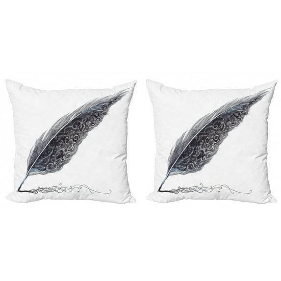 Ambesonne Grey Throw Pillow Cover 2 Pack, Antique Feather Pen Art, 20", Grey Black
