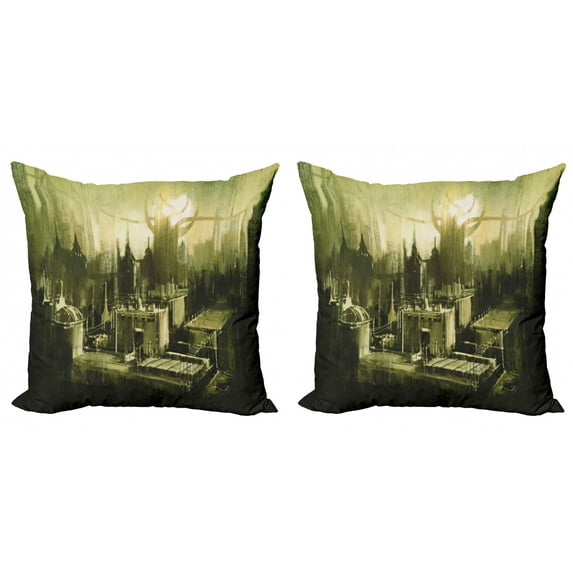 Ambesonne Grey Throw Pillow Cover 2 Pack, Gothic Dark City Scenery, 24", Pale Green White