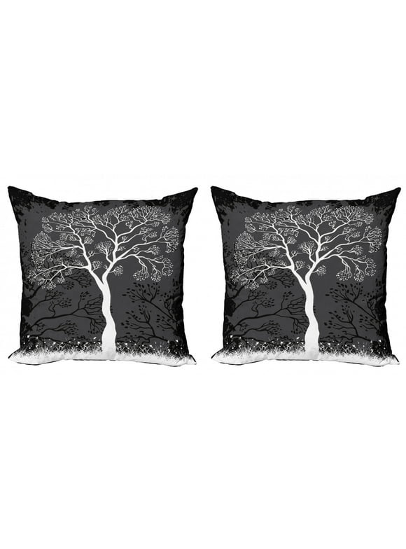 Grey Throw Pillow Cushion Cover Pack of 2, Tree Illustration with Growing Branches Merry Seasonal Grass Bushes Nature, Zippered Double-Side Digital Print, 4 Sizes, Grey White, by Ambesonne