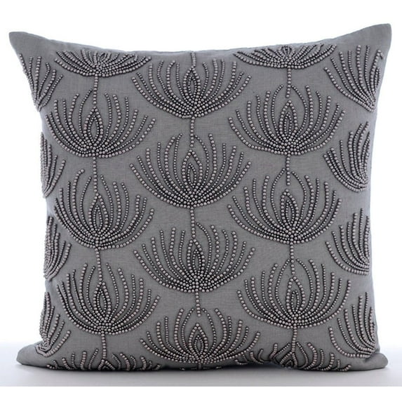 Grey Throw Pillows Cover, Beaded Lotus Throw Pillows Cover, 14x14 inch (35x35 cm) Cushion Covers, Square Cotton Linen Pillowcase, Floral Art Deco Throw, Modern - Pearl Harvest