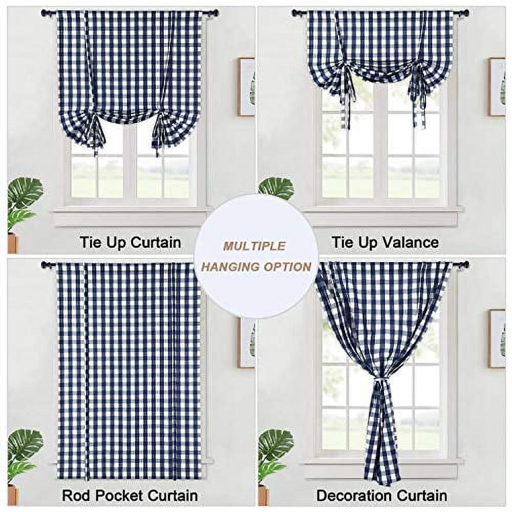 Grey Tie Up Curtains in Gingham Plaid Check Fabric, Buffalo Plaid