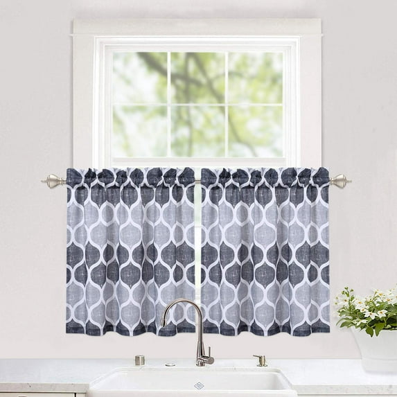 Grey Tier Curtains for Kitchen, Lattice Pattern Short Bathroom Window Curtain, Trellis Design Half Window Kitchen Cafe Curtains, 28" x 24", Gray/Silver, Set of 2