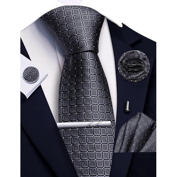 Grey Ties for Men Plaid Checkered Tie Set Silk Necktie Pocket Square Handkerchief Cufflinks Lapel Pin Tie Clip