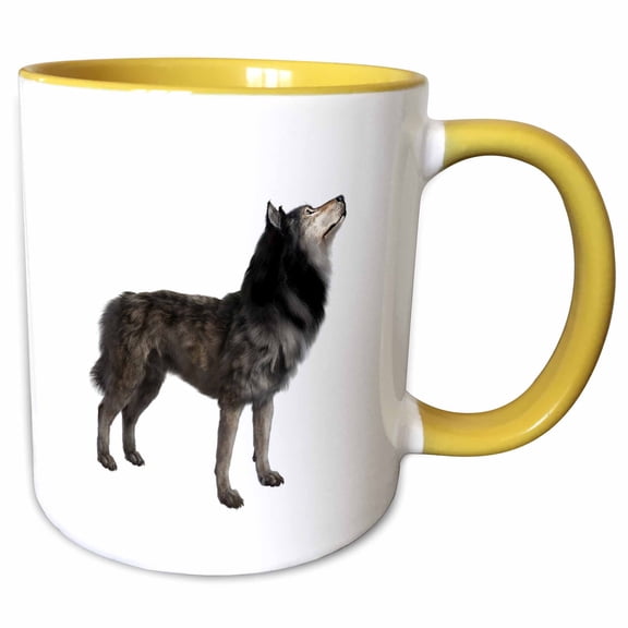 3drose, Grey Timber Wolf Standing in Left Profile, 11oz Two-tone Yellow Mug