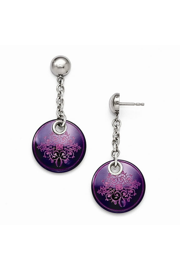 Edward Mirell Black Ti Anodized Pink Ornate Circle and Sterling Silver Post Dangle Earrings