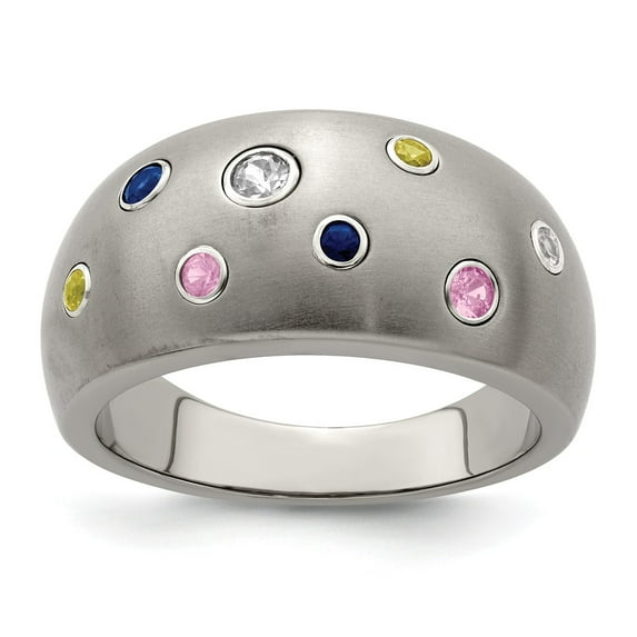 Grey Titanium Ring Band Gemstone Sapphire (Colors) Round Multi-color