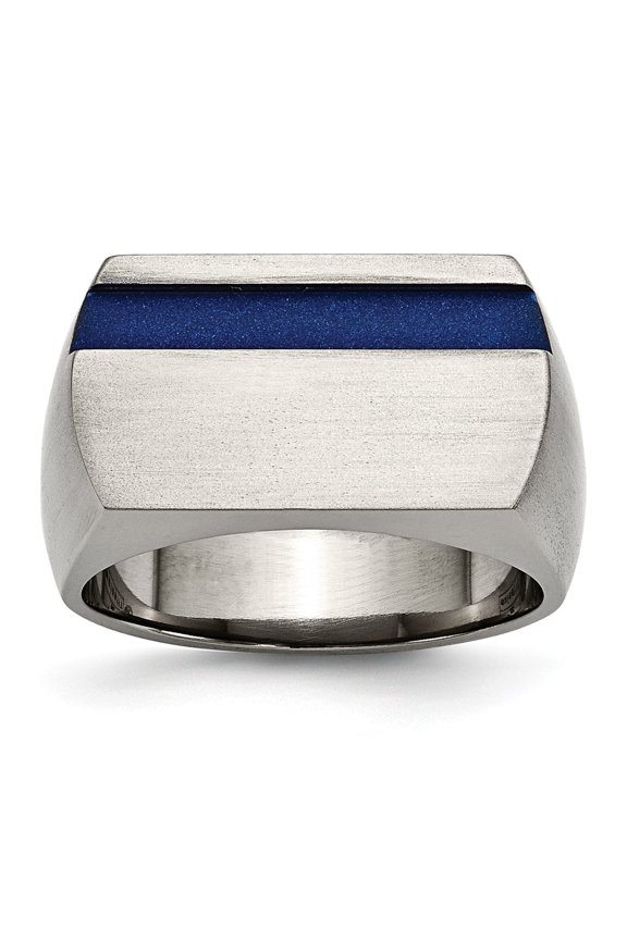 Grey Titanium Ring Band Men's Ti Brushed Polished Blue Annodized Stripe