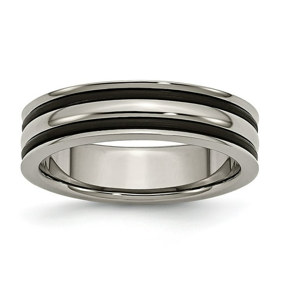 Grey Titanium Ring Band Wedding 6mm Grooved Black Rubber Polished