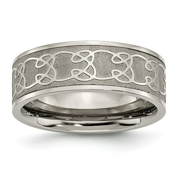 Grey Titanium Ring Band Wedding 8mm Satin and Polished Scroll Design