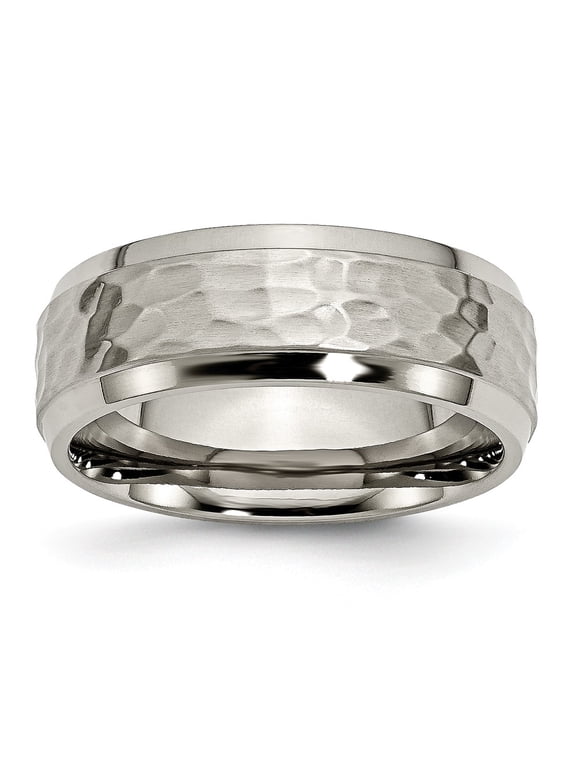 Grey Titanium Ring Band Wedding Beveled Comfort 8mm Edge, Hammered and Polished