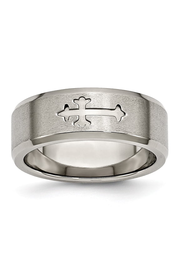 Grey Titanium Ring Band Wedding Beveled Cross Design 8mm Satin Edge