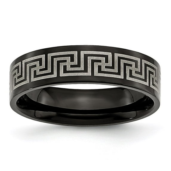 Grey Titanium Ring Band Wedding Black IP-plated Greek Key Laser Etched 6mm Brushed Polished