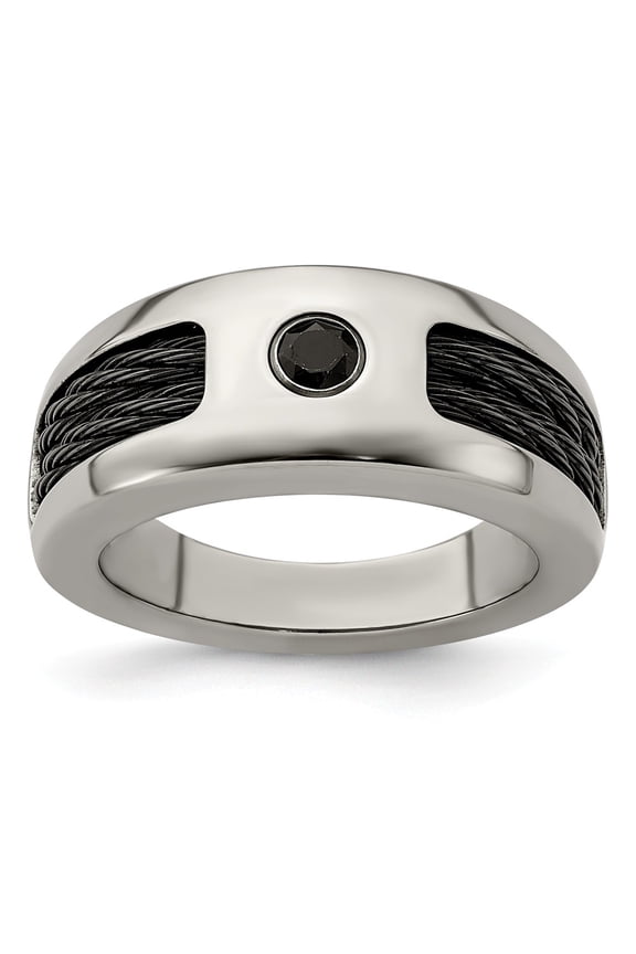 Grey Titanium Ring Band Wedding Black Spinel Round