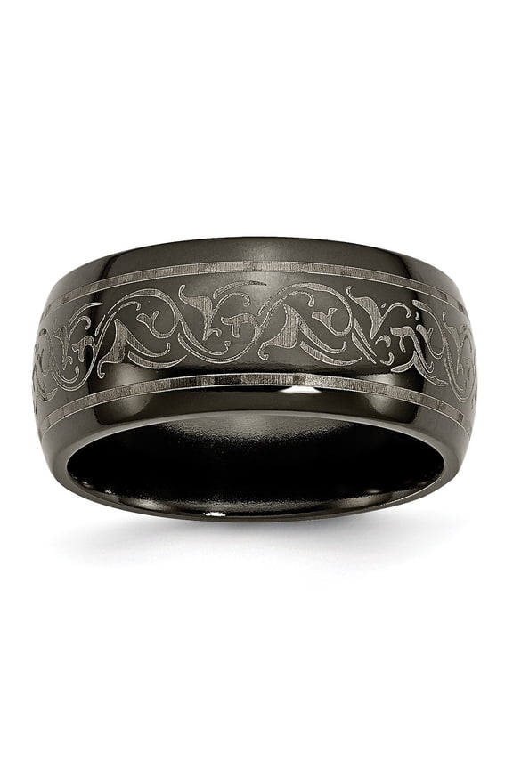 Grey Titanium Ring Band Wedding Black Ti Domed Lasered Pattern 10mm
