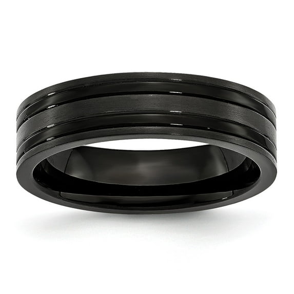 Grey Titanium Ring Band Wedding Comfort Grooved Black IP-plated 6mm Brushed and Polished