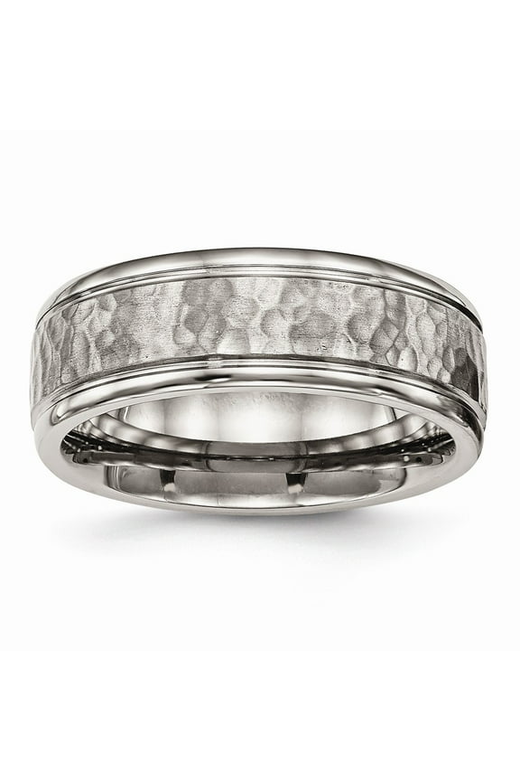 Grey Titanium Ring Band Wedding Comfort Polished with Satin Hammered center Grooved