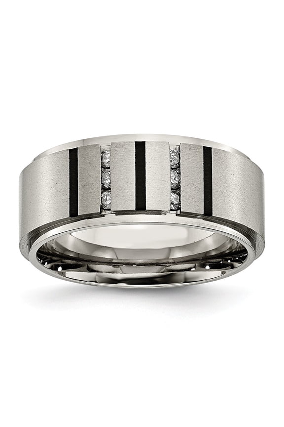 Grey Titanium Ring Band Wedding Diamond Polished Brushed IP-plated 0.15ct. 9mm