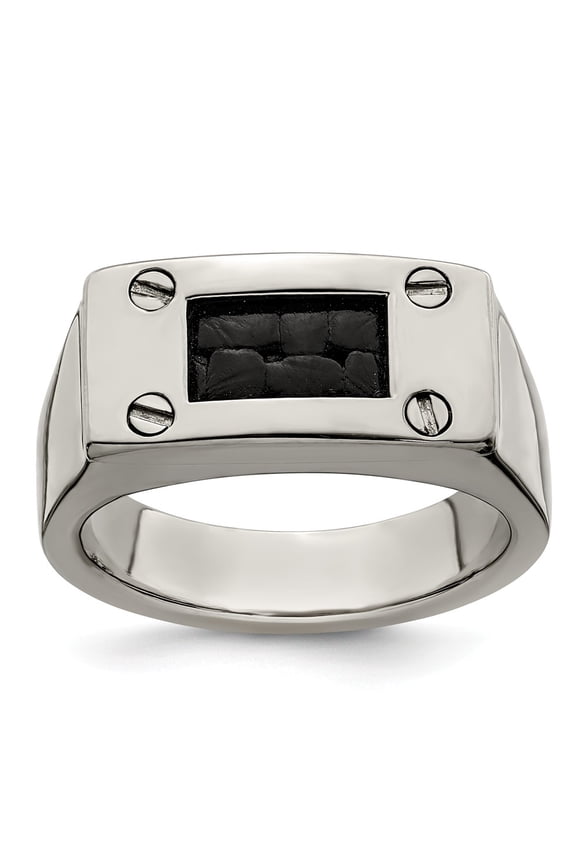 Grey Titanium Ring Band Wedding Edward Mirell Black Leather Insert Polished