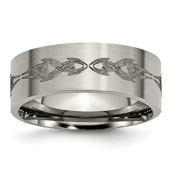 Grey Titanium Ring Band Wedding Flat 8mm Laser Design Brushed