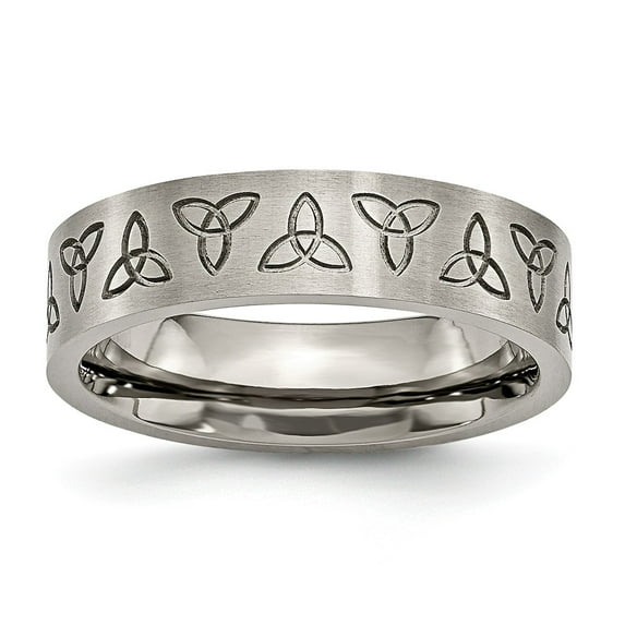 Grey Titanium Ring Band Wedding Flat Engraved Trinity Symbol Brushed 6mm