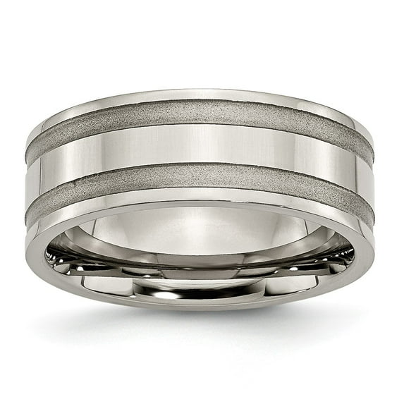 Grey Titanium Ring Band Wedding Grooved 8mm Brushed and Polished
