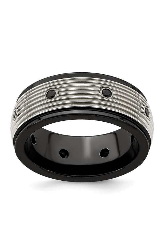 Grey Titanium Ring Band Wedding Grooved Black Spinel Round