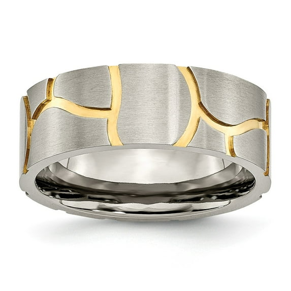 Grey Titanium Ring Band Wedding Grooved Yellow IP-plated Mens 8mm Brushed
