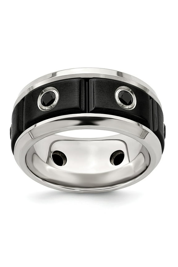 Grey Titanium Ring Band Wedding Men's Black Spinel Round