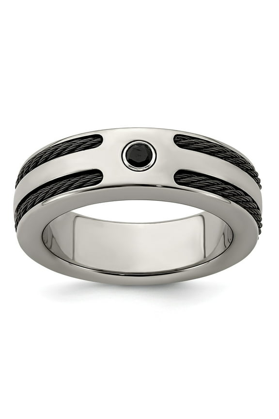 Grey Titanium Ring Band Wedding Men's Black Spinel Round