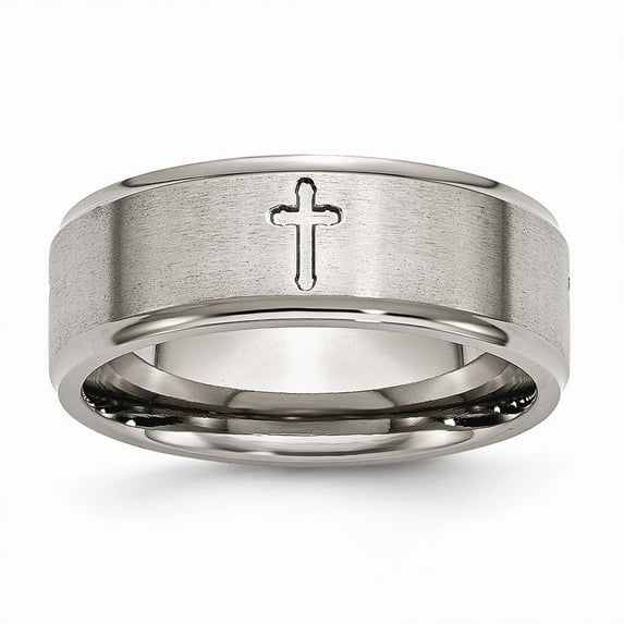 Grey Titanium Ring Band Wedding Ridged Comfort Edge Cross 8mm Brushed and Polished