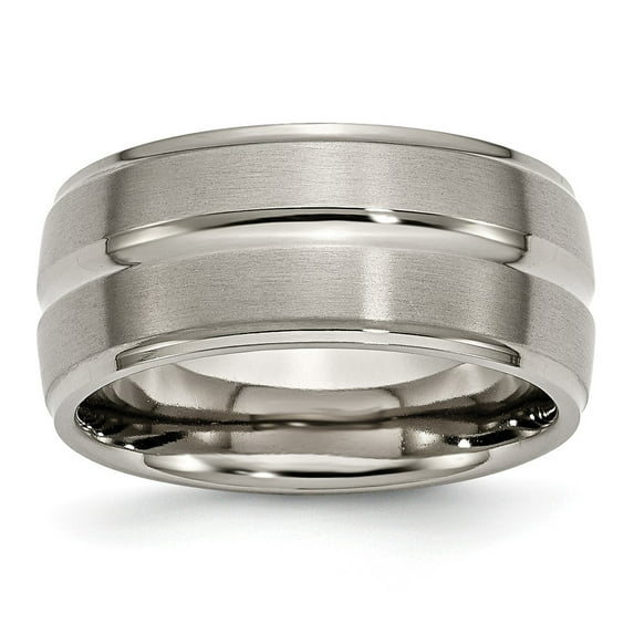 Grey Titanium Ring Band Wedding Ridged Grooved Edge 10mm Brushed and Polished