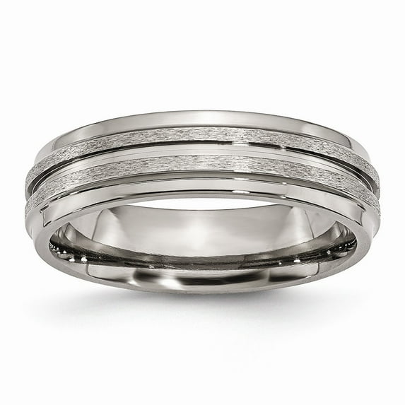 Grey Titanium Ring Band Wedding Ridged Grooved Edge 6mm Satin and Polished
