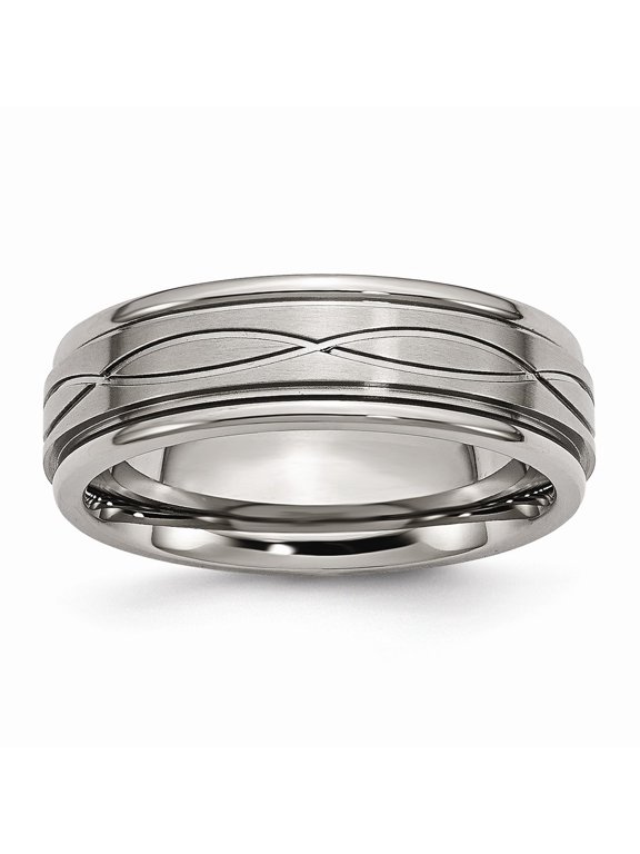 Grey Titanium Ring Band Wedding Ridged Polished Criss-cross Design Brushed center Edge