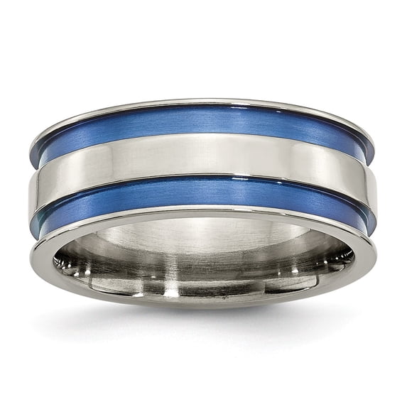 Grey Titanium Ring Band Wedding with Blue Double Groove 8.5mm Polished