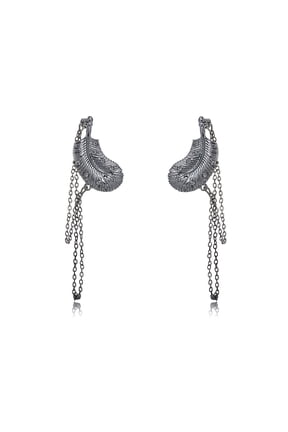 Grey Tone Wild Bird Feather Dangling Chains Nature Free Spirit Cuff Earrings