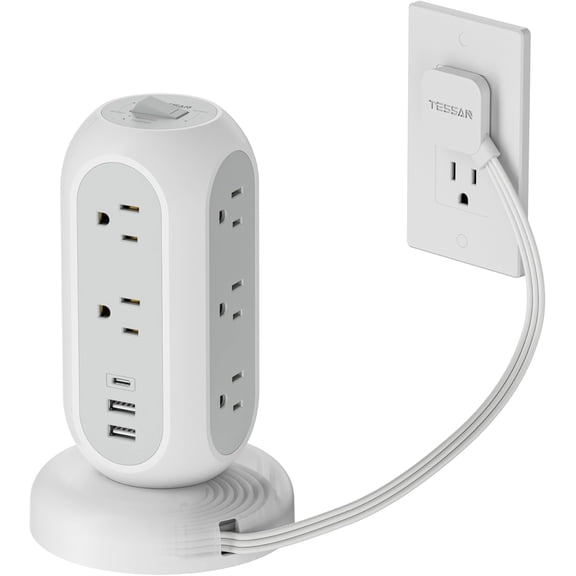 Grey Tower Surge Protector Power Strip 5FT Retractable Cord 11 Outlets USB A USB C