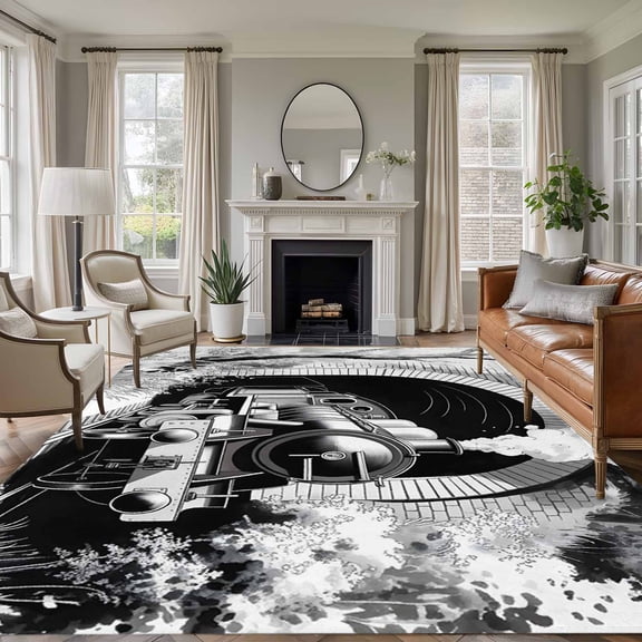 Grey Trains Area Rugs 5'x8', Washable Small Throw Rugs for Classroom Bedroom, Black White Vintage Tunnels Hand Print Art Indoor Outdoor Rug Non-Slip Low Pile Carpet Runner Reversible Floor Mats
