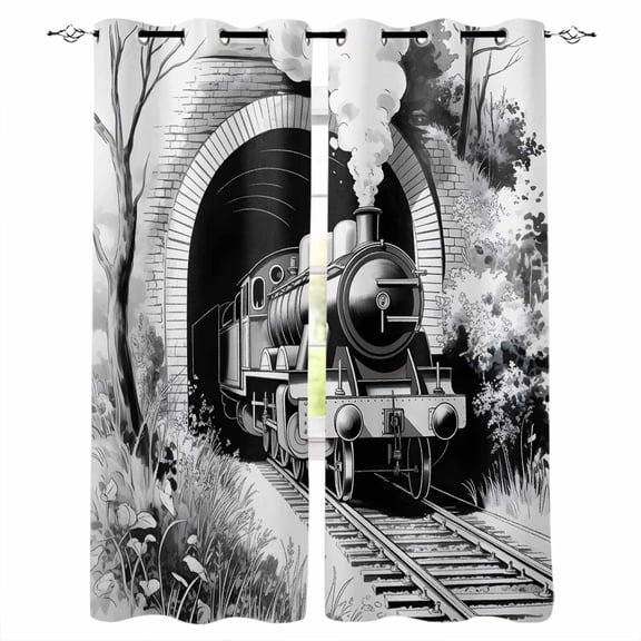 Grey Trains Blackout Curtains for Bedroom/Living Room, Thermal Insulated Kitchen Curtains, Black White Vintage Tunnels Hand Print Art Grommet Darkening Window Treatment Drapes 42"x63"x2