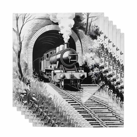 Grey Trains Cloth Napkins, Black White Vintage Tunnels Hand Print Art Washable and Reusable Dinner Napkins Set of 6, Table Napkin for Kitchen Party Birthday Wedding Hotel Housewarming 20"x20"