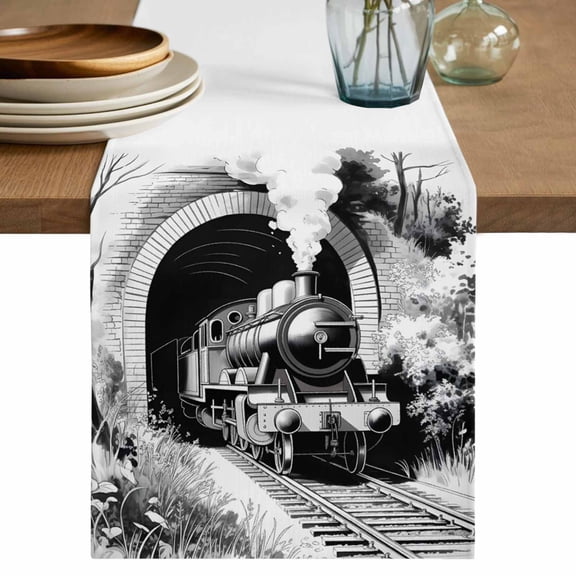 Grey Trains Cotton Linen Table Runner for Dining Kitchen, Black White Vintage Tunnels Hand Print Art Wedding Outdoor Party Tablerunners, Dresser Scarf Coffee Tablecloth Runners 13x48 Inches